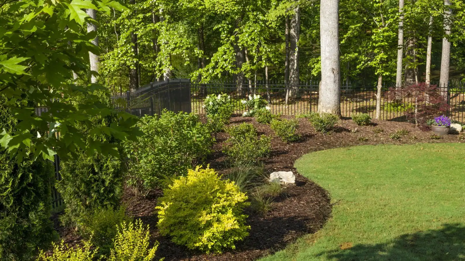 New garden bed installation with shrubs and fresh mulch