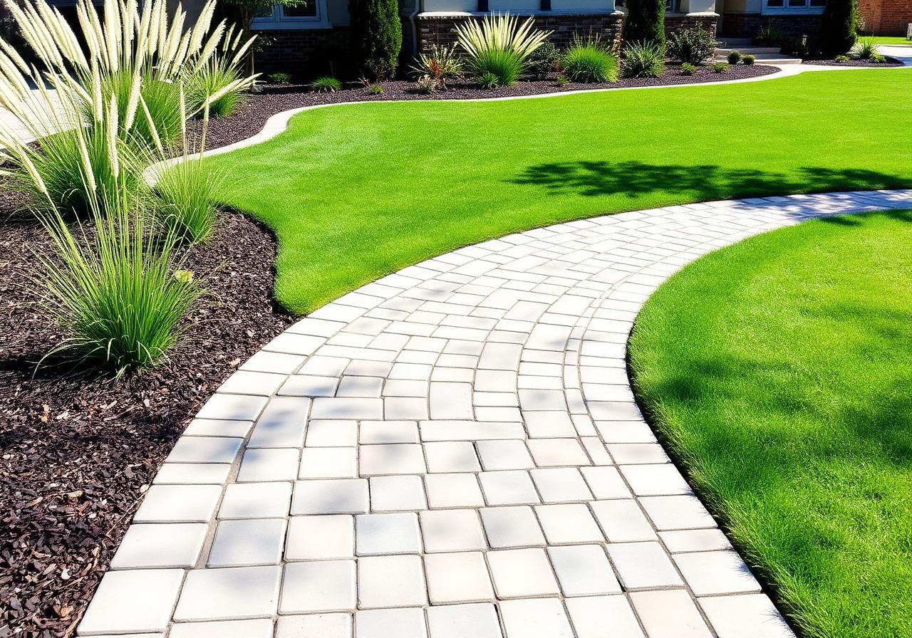 Finished landscape design with paver walkway and planting beds